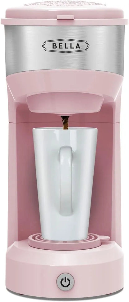 BELLA Dual Brew Single Serve Coffee Maker, Brews both Kcup and Ground Coffee, Large 14oz Capacity, Easy One Touch, Auto Shutoff, Pink