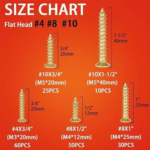 Brass Plated Wood Screw Assortment Kit, Phillips Flat Head Drywall Screws, #4#8#10 Self Tapping Wood Screws, Interior Construction Screws, Carbon Steel, for Indoor & Outdoor Use, 175 Pcs