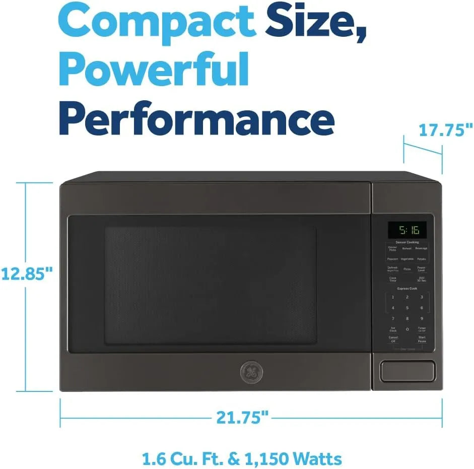 GE Countertop Microwave Oven, 1,150-watt Capacity, 1.6 Cubic Ft., 8 Auto Cooking Settings, Child-Lock Technology, Kitchen Essentials for The Countertop, Dorm Room or Apartment, Black Stainless
