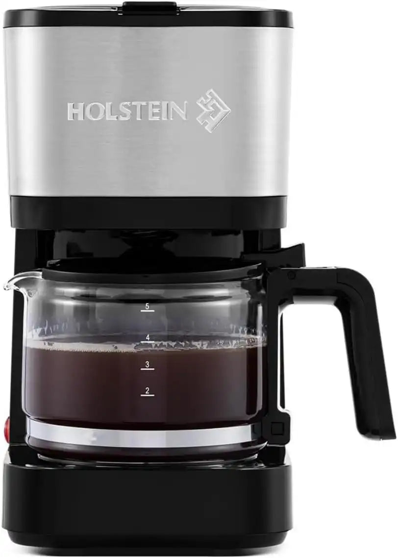 Holstein Housewares Simply Brew Stainless Steel Drip Coffee Maker 5 Cup Coffee with Reusable Filter, Drip Free, Dishwasher Safe Pot, Black
