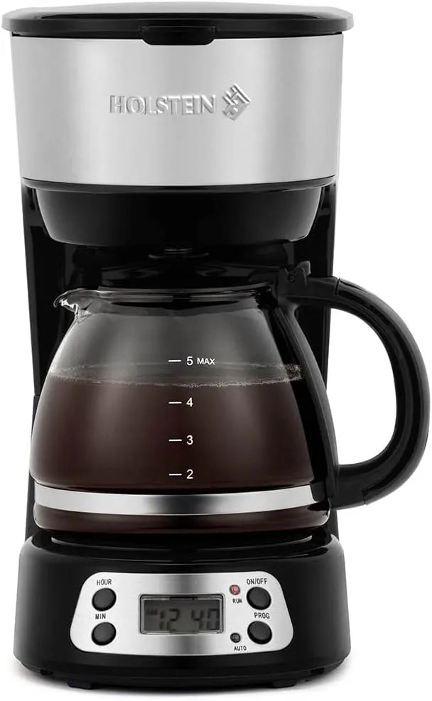 Holstein Housewares 5-Cup Programable Coffee Maker, Convenient and User Friendly, Black and Stainless Steel with Auto Pause and Serve Function, Glass Carafe