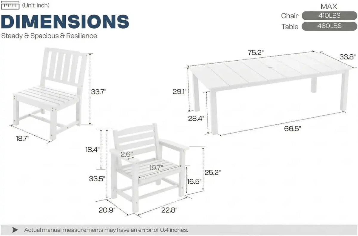 Perli™ 9-Piece Outdoor Dining Set, All-Weather HDPE Patio Furniture with 8 Ergonomic Chairs & Large Table, Built-in Umbrella Hole, UV-Resistant Set for Backyard, Deck, Poolside, White