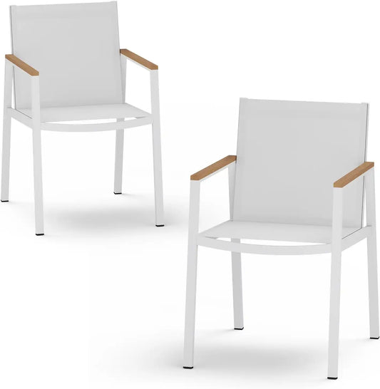 Outdoor Dining Chairs Set of 2, Aluminum Patio Armchairs, All Weather Patio Dining Furniture for Backyard, Deck, Poolside (White-Teak)