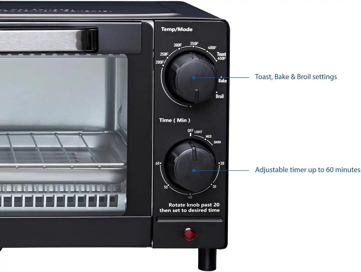Mainstay Toaster Oven Combo Kitchen Appliances, Fits 9” Pizza, 4 Slice Capacity, Powerful Circulation, Auto Shutoff, Includes Baking Rack Pan Quartz, up to 60 Min, Easy Clean (Black)