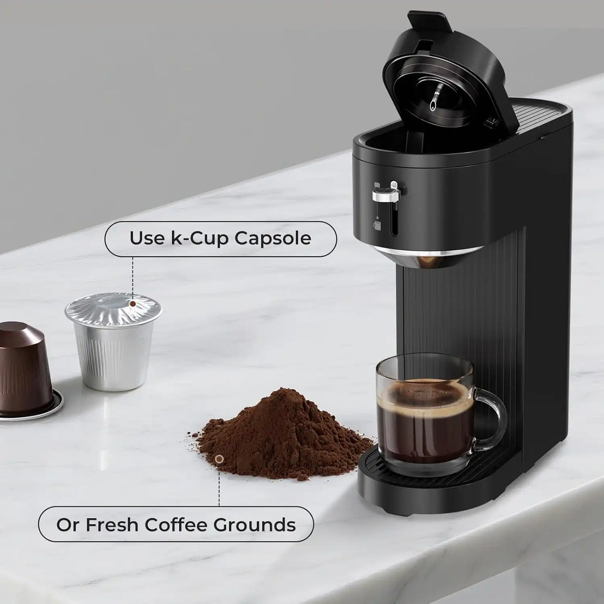 Kismile K-mini Single Serve Coffee Maker for K Cup and Ground Coffee - Dual Brew Coffee Machine,Adjustable 6oz-14oz Cup Size, Auto Clean & Shut Off, Compact Design for Home/Office (Matte Black)