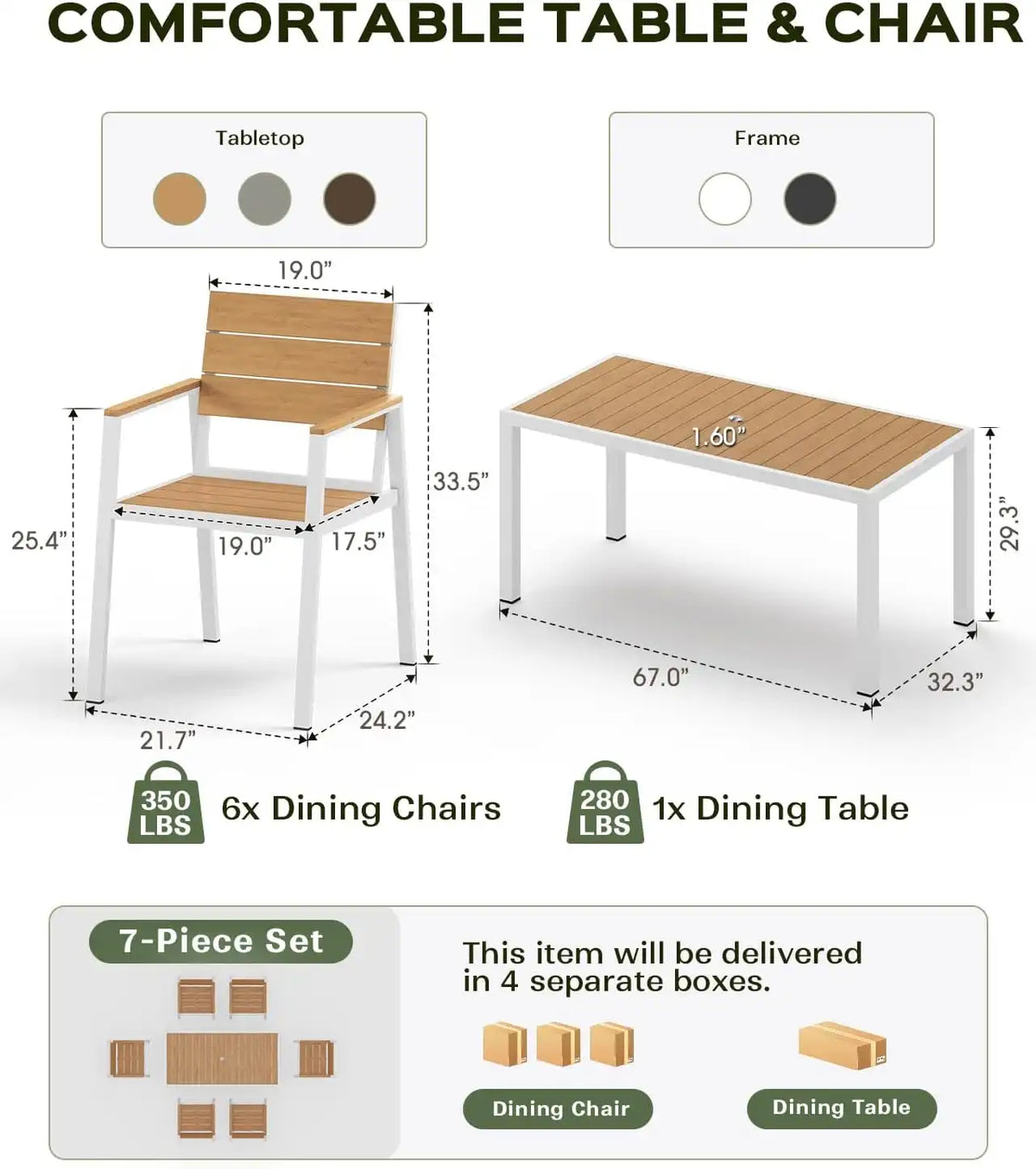 Vexwalx Outdoor Dining Set, HDPS + Aluminum Patio Dining Chairs with Ergonomic Design and Wide Seat, 2 Piece Outdoor Chairs for Garden, Backyard, Deck (2-Piece, White-Teak)