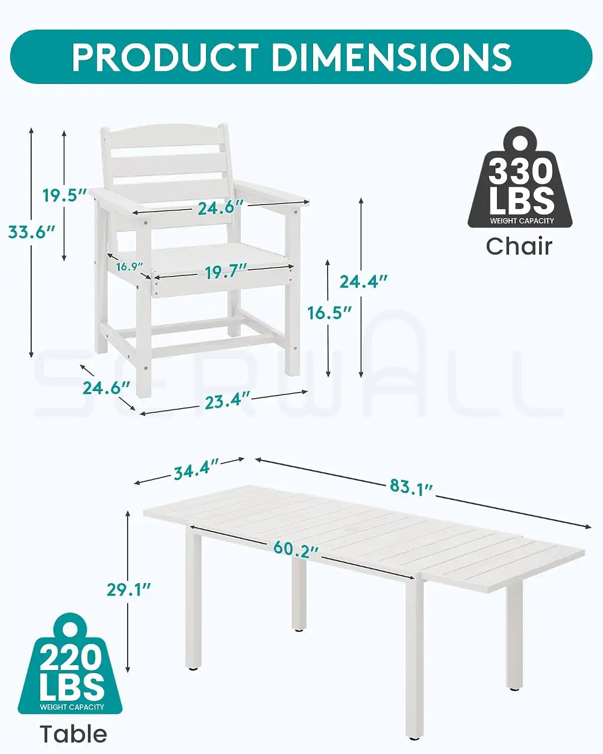 SERWALL 60" - 83" Expandable Outdoor Dining Table and 6 HDPE Chairs, White