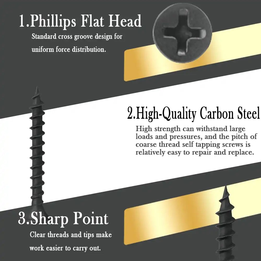 Drywall Screws Kit #7 x 2-Inch, Coarse Thread Wood Screws, Bugle Head Phillips Drive Sheetrock Screws Set, Self Tapping Dry Wall Screws, Phosphate Coated Finish, Sharp Point, Black, 60 Pack