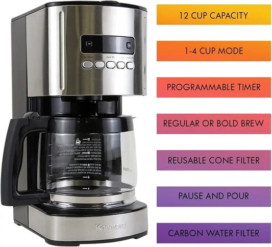 Koolatron Kenmore Drip Coffee Maker - 12 Cup Programmable Cafe Machine With Glass Pot, Regular & Bold Brew, Auto Shut Off Large Water Reservoir, Reusable Filter, Kitchen Appliances, Black