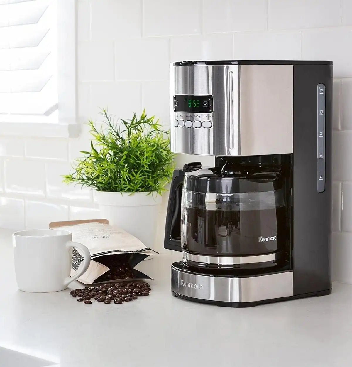 Koolatron Kenmore Drip Coffee Maker - 12 Cup Programmable Cafe Machine With Glass Pot, Regular & Bold Brew, Auto Shut Off Large Water Reservoir, Reusable Filter, Kitchen Appliances, Black