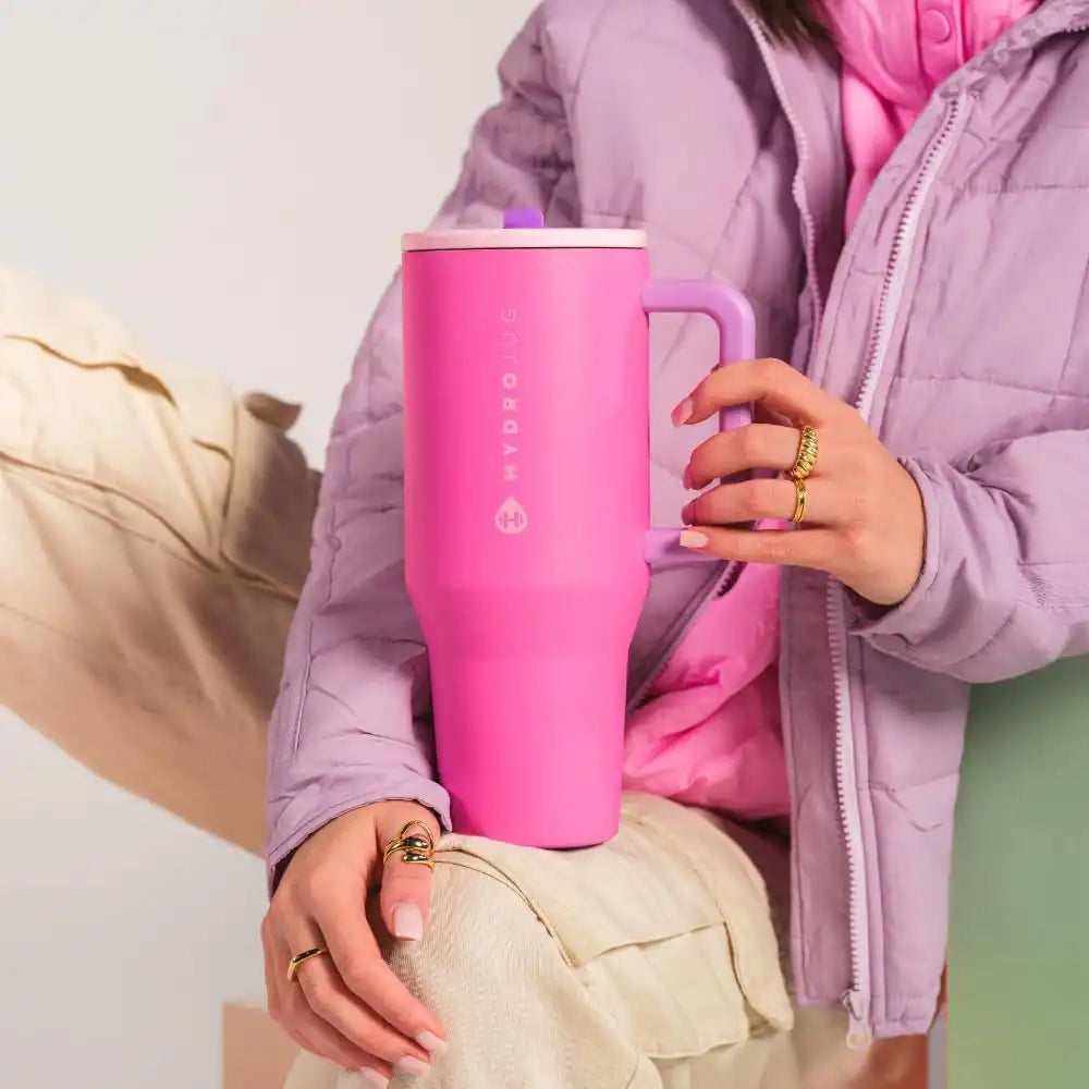 HydroJug Traveler - Modern 40 oz Tumbler with Handle & Simple Flip Straw - Car Cup Holder Friendly, Leak Resistant Water Bottle-Reusable Insulated Stainless Steel & Rubber Base - Gifts for Women & Men