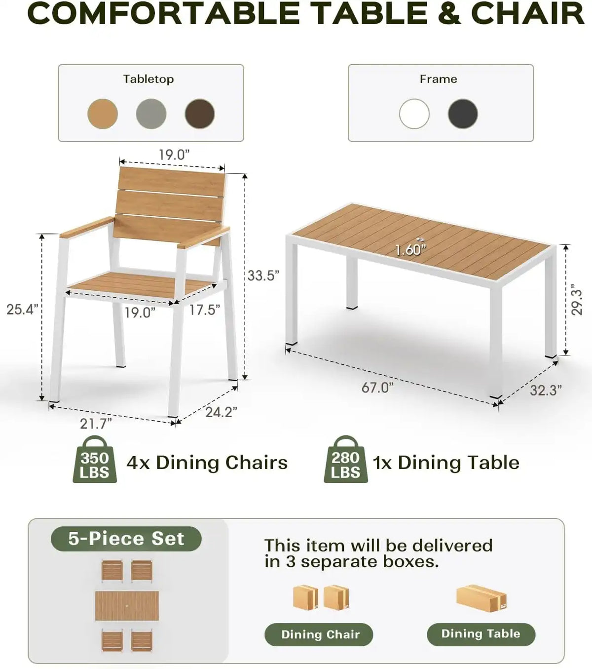 Vexwalx Outdoor Dining Set, Aluminum Dining Table Set for 4, Patio Table and Chairs Set with Umbrella Hole, All Weather HDPS Outdoor Table and Chairs for 4 (5-Piece, White-Teak)