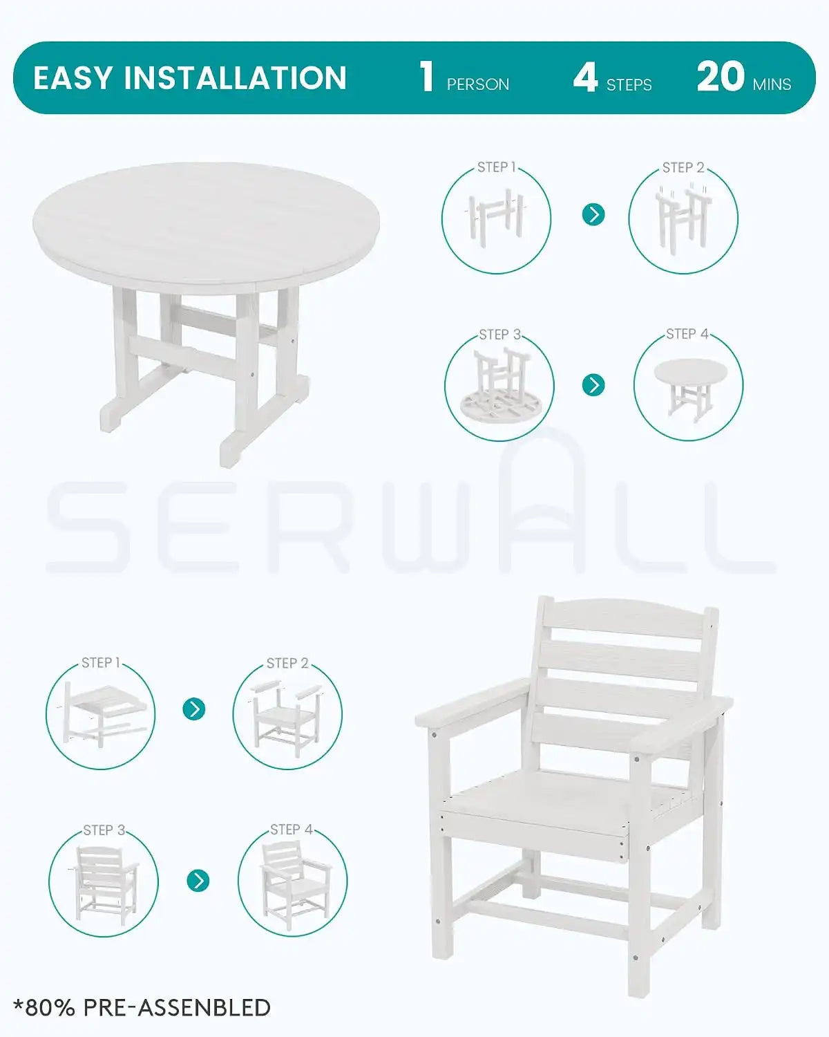 SERWALL 5-Piece Patio Dining Set, 45" Round Table, 4 Chairs, White