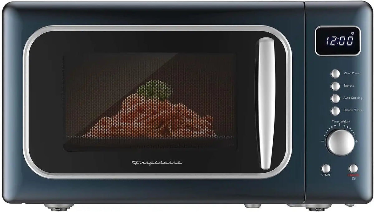 Frigidaire, 0.7 Cu. Ft. Retro Countertop Microwave Oven, 700W Compact Microwave with 8 Auto Cook Menus, Auto Defrost, 5 Power Levels, LED Display, Glass Turntable, Azure-Argent