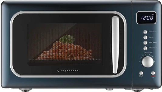 Frigidaire, 0.7 Cu. Ft. Retro Countertop Microwave Oven, 700W Compact Microwave with 8 Auto Cook Menus, Auto Defrost, 5 Power Levels, LED Display, Glass Turntable, Azure-Argent