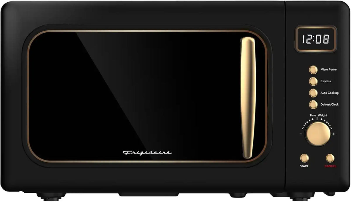 Frigidaire, 0.7 Cu. Ft. Retro Countertop Microwave Oven, 700W Compact Microwave with 8 Auto Cook Menus, Auto Defrost, 5 Power Levels, LED Display, Glass Turntable, Black Gold