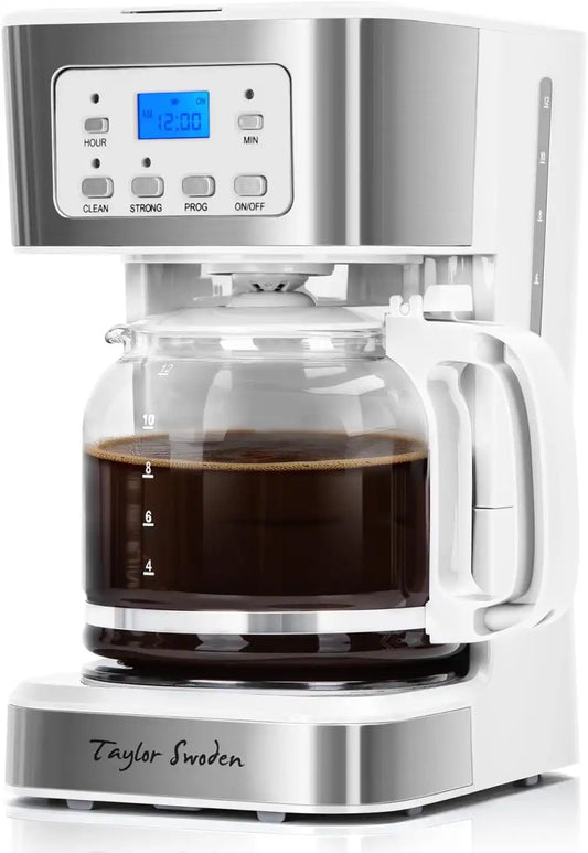 Taylor Swoden 12-Cup Programmable Coffee Maker, White & Stainless Steel