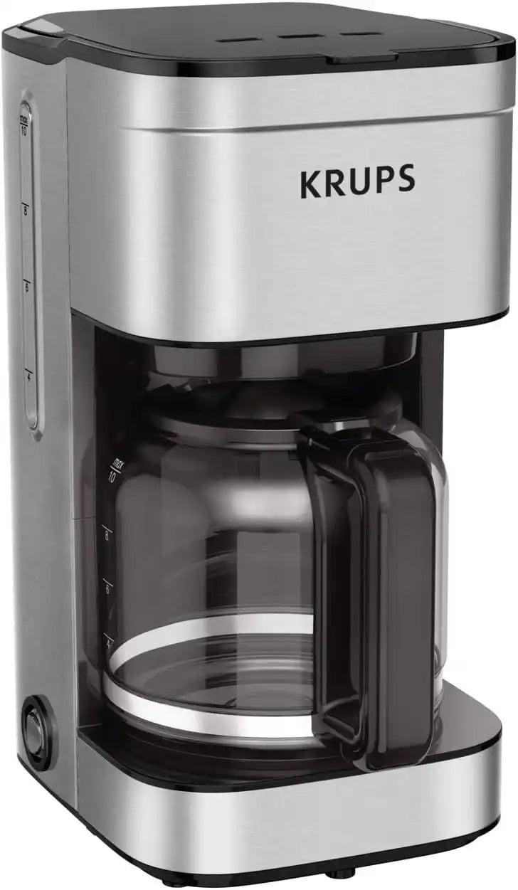 KRUPS Coffee Maker 10 Cups Simply Brew Stainless Steel Drip Coffee Maker, 900 Watts Coffee Filter, Drip Free, Dishwasher Safe Pot, Black & Silver