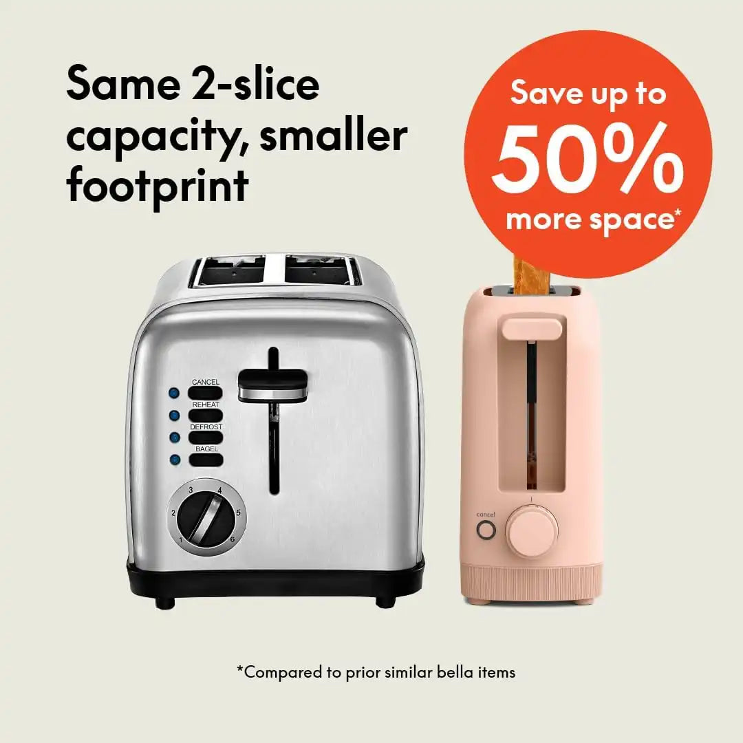 bella 2 Slice Slim Toaster, Fits-anywhere™ Kitchenware, 6 Setting Shade Control with Reheat & Cancel Buttons, Fits Sourdough, 10” Long Slot, Anti Jam & Auto Shutoff, 900 Watt, Blossom