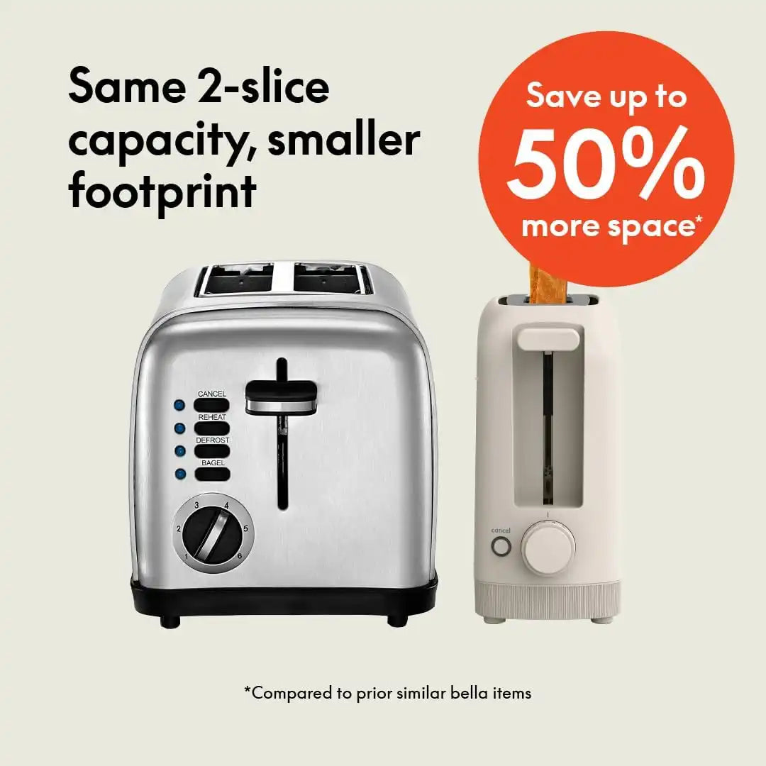 bella 2 Slice Slim Toaster, Fits-anywhere™ Kitchenware, 6 Setting Shade Control with Reheat & Cancel Buttons, Fits Sourdough, 10” Long Slot, Anti Jam & Auto Shutoff, 900 Watt, Oatmilk