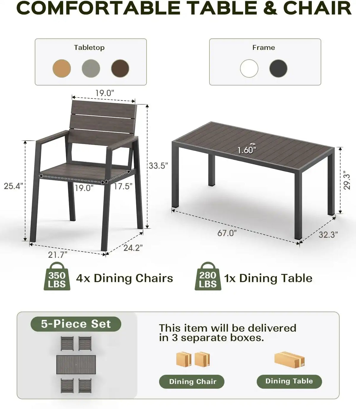 Vexwalx Outdoor Dining Set, Aluminum Dining Table Set for 4, Patio Table and Chairs Set with Umbrella Hole, All Weather HDPS Outdoor Table and Chairs for 4 (5-Piece, Charcoal)