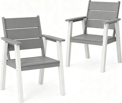 Outdoor Dining Chairs Set of 2,HDPE Patio Chairs with Wide Seat,Ergonomic Design Outdoor Furniture for Porch,Backyard,Deck,White and Grey