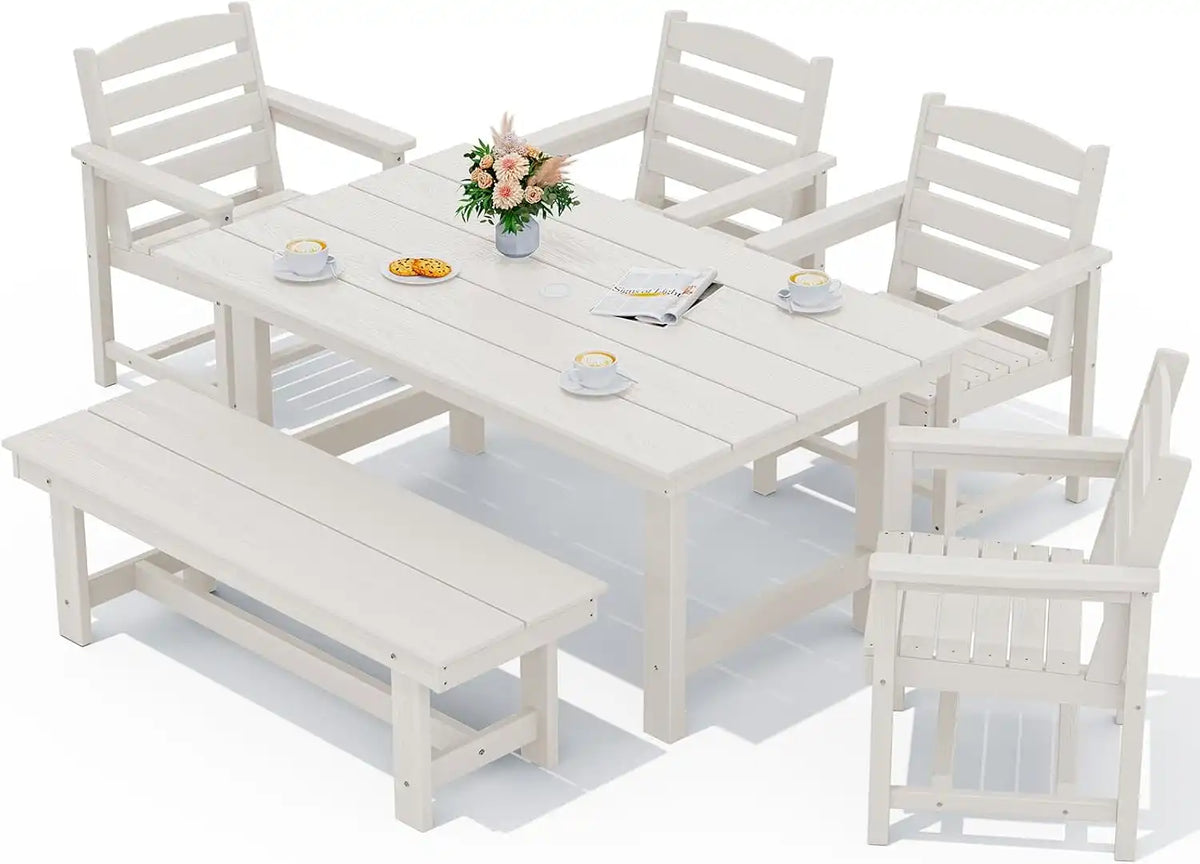 SERWALL Outdoor Dining Set, Patio Dining Set with Bench, White