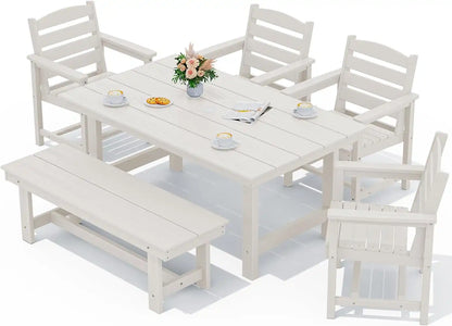 SERWALL Outdoor Dining Set, Patio Dining Set with Bench, White