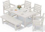 SERWALL Outdoor Dining Set, Patio Dining Set with Bench, White
