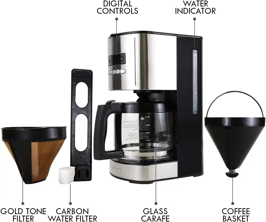 Koolatron Kenmore Drip Coffee Maker - 12 Cup Programmable Cafe Machine With Glass Pot, Regular & Bold Brew, Auto Shut Off Large Water Reservoir, Reusable Filter, Kitchen Appliances, Black