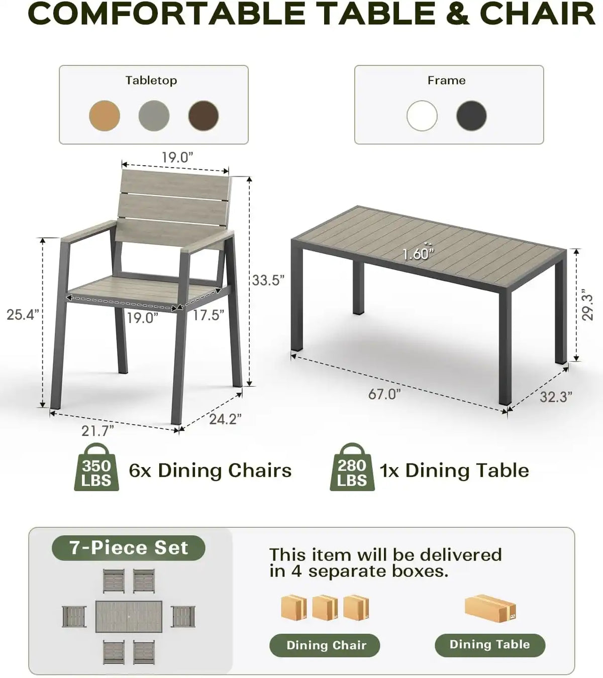 Vexwalx 67" HDPS Outdoor Patio Dining Table, Aluminum-Edged Outdoor Dining Table with Umbrella Hole, Weather-Resistant for Lawn, Garden, Poolside and Indoor Use, Gray