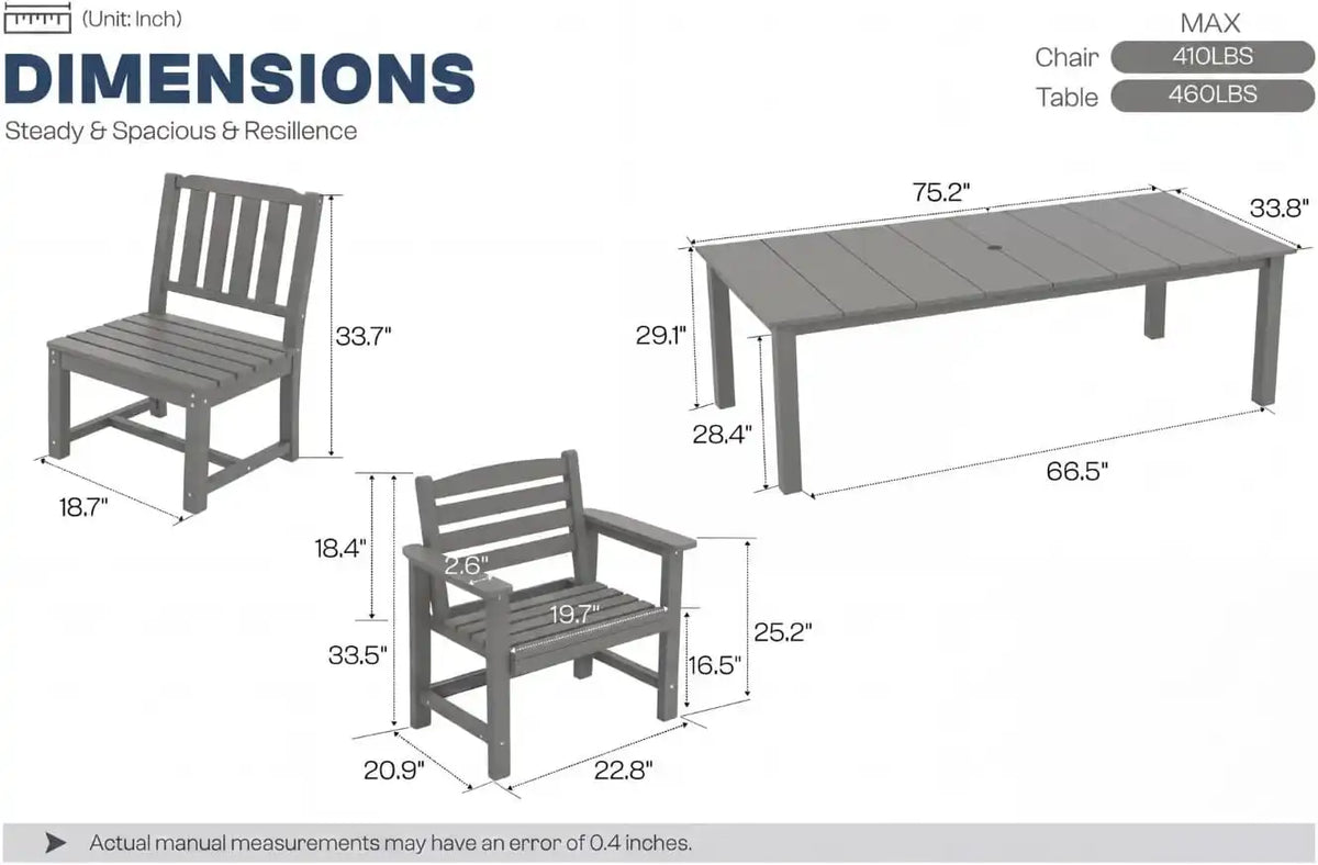 Perli™ 7-Piece Outdoor Dining Set, All-Weather HDPE Patio Table and 6 Chairs with Umbrella Hole, UV-Resistant Composite Wood Dining Furniture for Deck, Backyard, Poolside, Grey