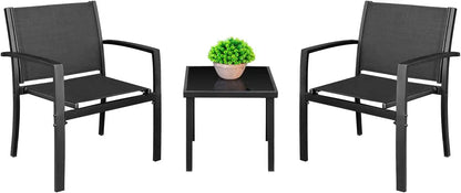 Homall 3 Pieces Patio Furniture Set Outdoor Patio Conversation Textilene Bistro Set Modern Porch Lawn Chairs with Coffee Table for Home and Balcony (Black)