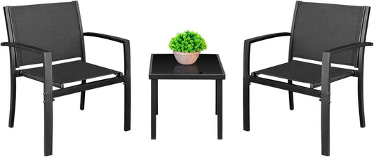 Homall 3 Pieces Patio Furniture Set Outdoor Patio Conversation Textilene Bistro Set Modern Porch Lawn Chairs with Coffee Table for Home and Balcony (Black)