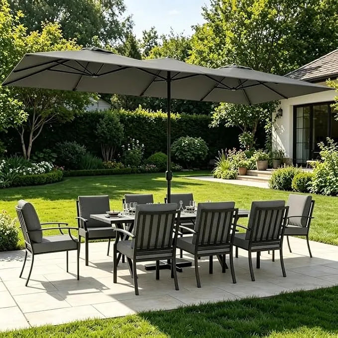 ALAULM 9-Piece Patio Dining Set with 14FT Patio Umbrella,Outdoor Dining Set with 8 Metal Chairs & Rectangle Table with1.5 Umbrella Hole, Patio Dining Table and Chairs for Backyard,Poolsid-Grey