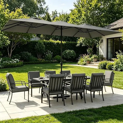 ALAULM 9-Piece Patio Dining Set with 14FT Patio Umbrella,Outdoor Dining Set with 8 Metal Chairs & Rectangle Table with1.5 Umbrella Hole, Patio Dining Table and Chairs for Backyard,Poolsid-Grey