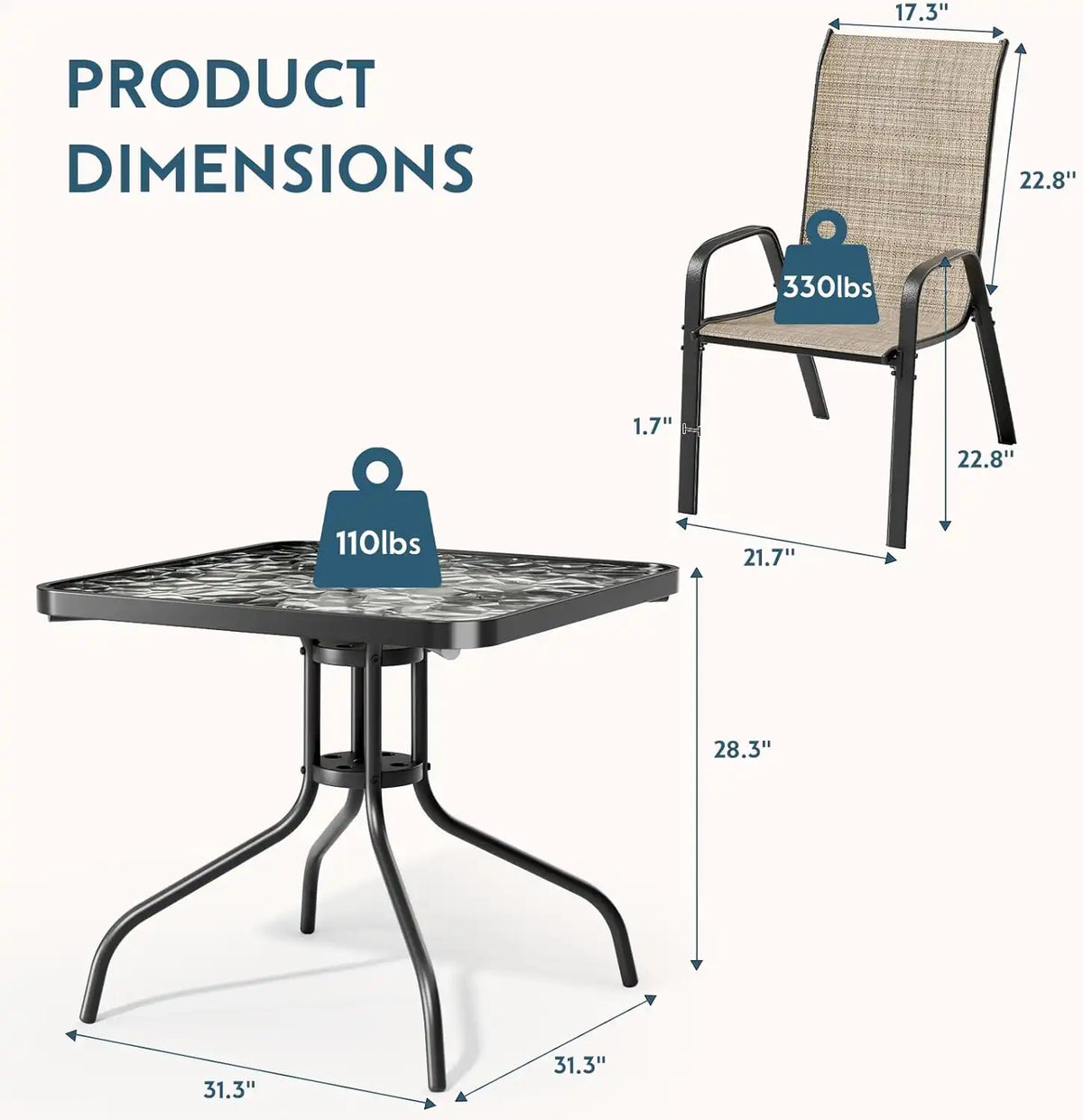 Arlopu 5 Pieces Outdoor Patio Dining Set, Glass Table and Textilene Chair