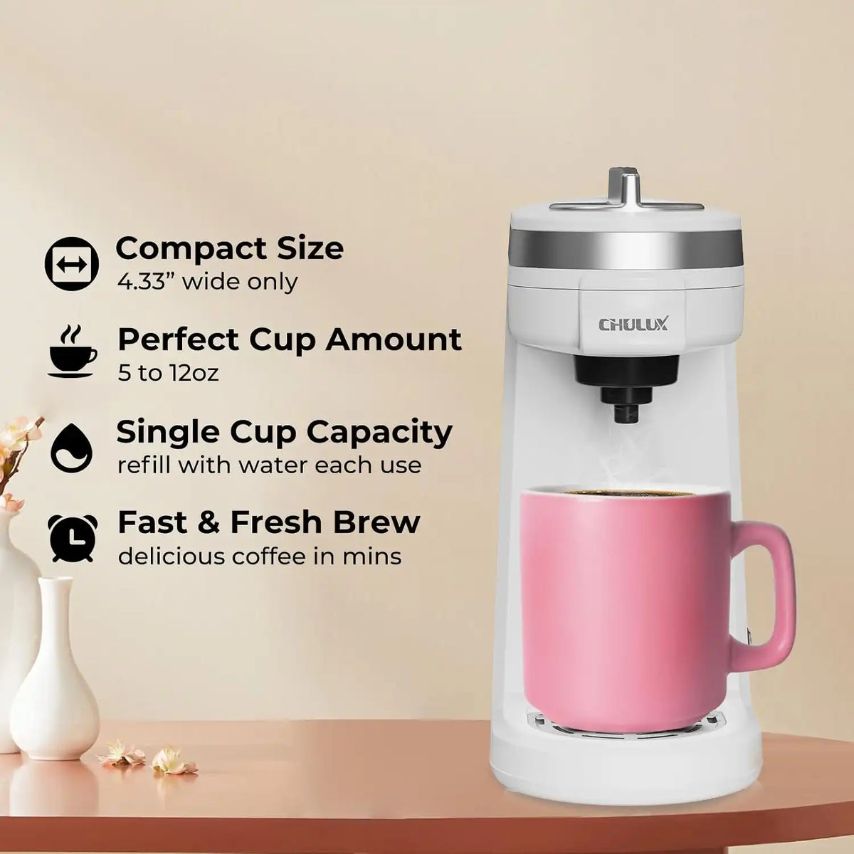 CHULUX Mini Single Serve Coffee Maker, Portable Pod Coffee Machine, White