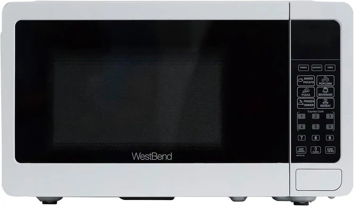 West Bend 0.7 Cu. Ft. Countertop Microwave Oven, 700W with 6 Pre-Programmed Cooking Settings, Speed Defrost, Electronic Control Panel, Rotating Glass Turntable, Add 30 Seconds Button, White