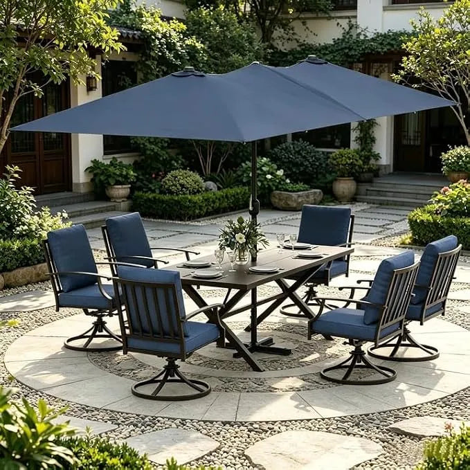 ALAULM 7-Piece Patio Dining Set with 14FT Patio Umbrella,Outdoor Dining Set with 6 Swivel Chairs & Rectangle Table with1.5 Umbrella Hole, Patio Dining Table and Chairs for Backyard,DarkBlue