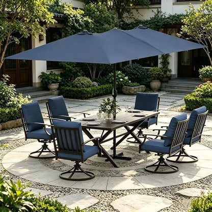 ALAULM 7-Piece Patio Dining Set with 14FT Patio Umbrella,Outdoor Dining Set with 6 Swivel Chairs & Rectangle Table with1.5 Umbrella Hole, Patio Dining Table and Chairs for Backyard,DarkBlue