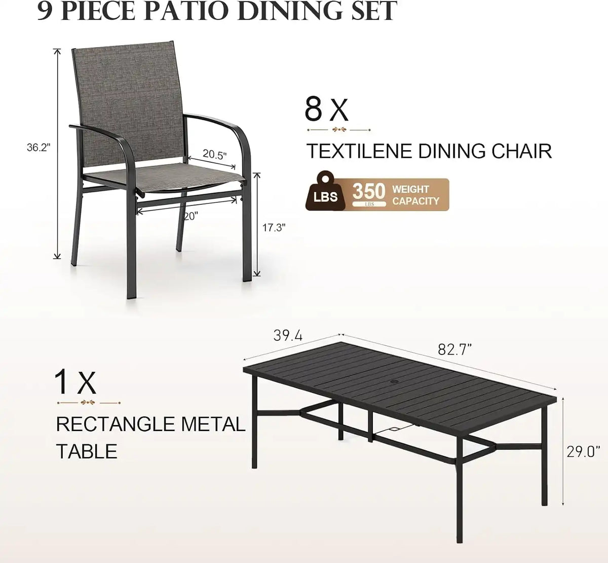 HERA'S HOUSE 9pc Outdoor Patio Dining Set for 8, Textilene Chairs, Brown