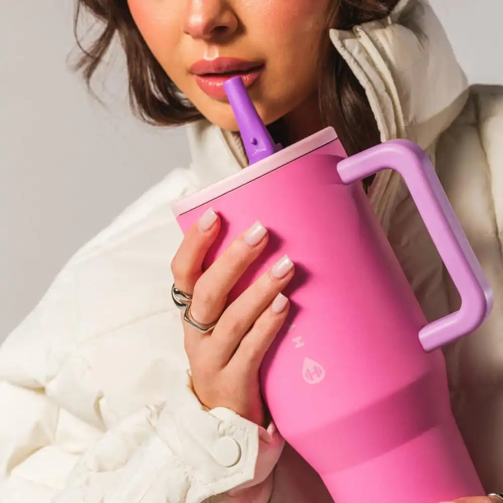 HydroJug Traveler - Modern 40 oz Tumbler with Handle & Simple Flip Straw - Car Cup Holder Friendly, Leak Resistant Water Bottle-Reusable Insulated Stainless Steel & Rubber Base - Gifts for Women & Men