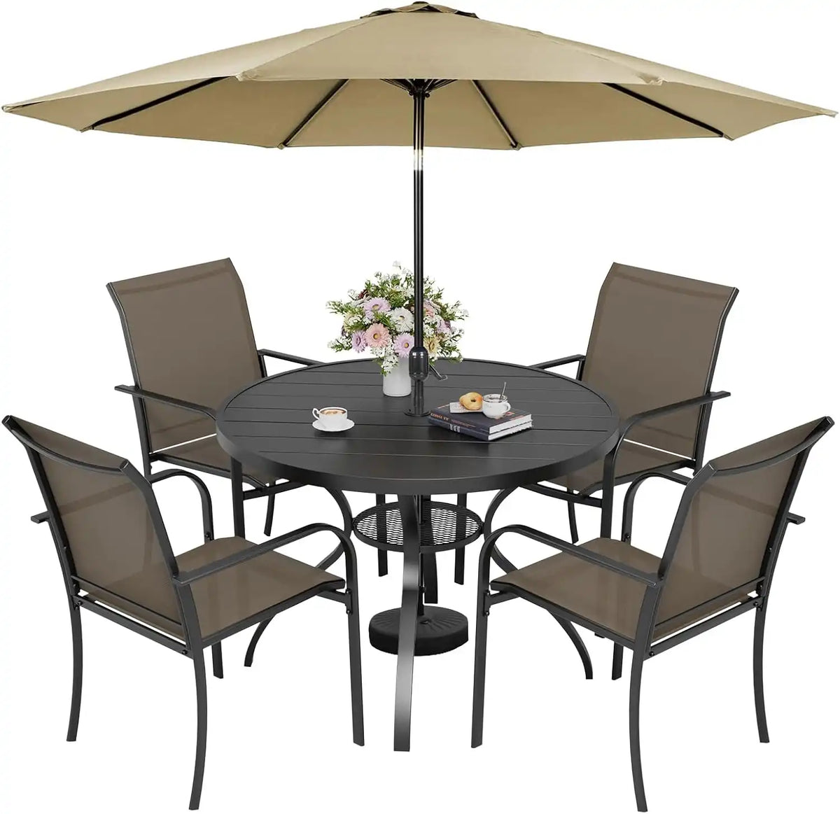 SUNCROWN 6 - Piece Outdoor Dining Set, Patio Furniture Set with 4 Textilene Dinning Chairs, 41" Metal Round Table and 1 Brown 9Ft Patio Umbrella for Lawn Garden Backyard Deck, Brown