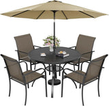 SUNCROWN 6 - Piece Outdoor Dining Set, Patio Furniture Set with 4 Textilene Dinning Chairs, 41" Metal Round Table and 1 Brown 9Ft Patio Umbrella for Lawn Garden Backyard Deck, Brown