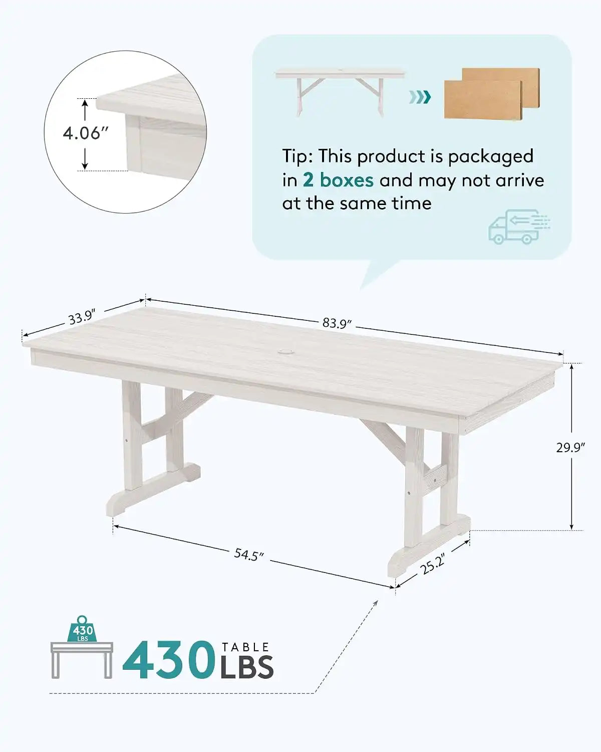 SERWALL Outdoor 84" HDPE Rectangular Dining Table for 6-8,All-Weather,White