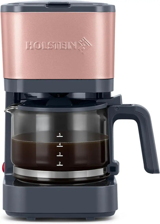 Holstein Housewares 5 Cup Coffee Maker – Compact Drip Coffee Machine with Auto Pause & Serve, Reusable Filter, Glass Carafe, Water Window & Warming Plate. Dark Grey & Rose Gold