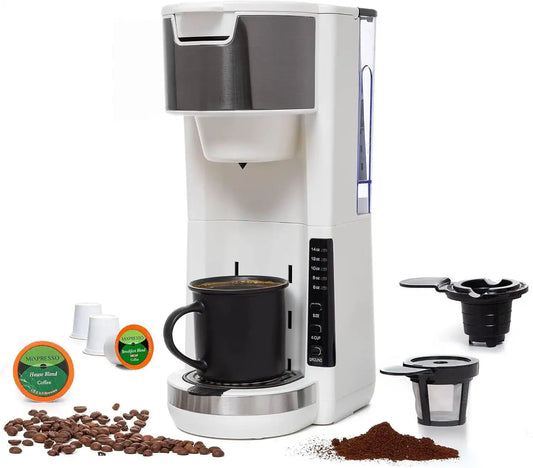 Single Serve Coffee Maker, 2 in 1 for Ground Coffee&Pods, 180s Rapid Brew with 5 Cup Sizes 6-14oz, Auto Shut Off, Small Compact Travel Coffee Machine for Home Office Camping