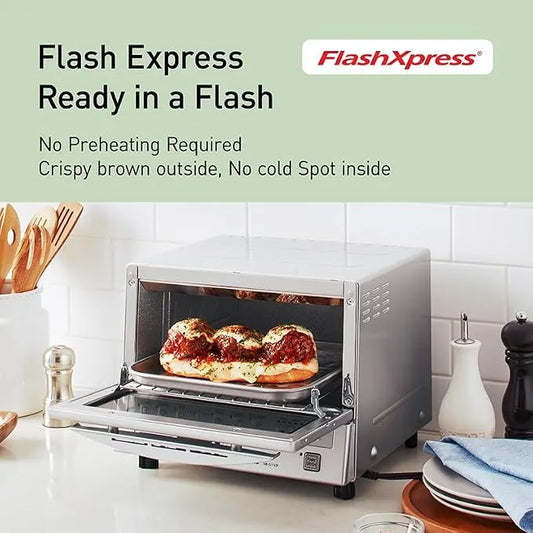 Panasonic FlashXpress Toaster Oven Countertop, 4-Slice Small Toaster Oven Compact Size with Double Infrared Heating, 6 Auto Cook Options and Precise Temperature Control, 1300W - NB-G110P (Silver)