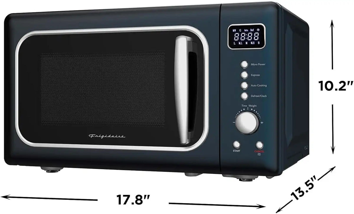 Frigidaire, 0.7 Cu. Ft. Retro Countertop Microwave Oven, 700W Compact Microwave with 8 Auto Cook Menus, Auto Defrost, 5 Power Levels, LED Display, Glass Turntable, Azure-Argent